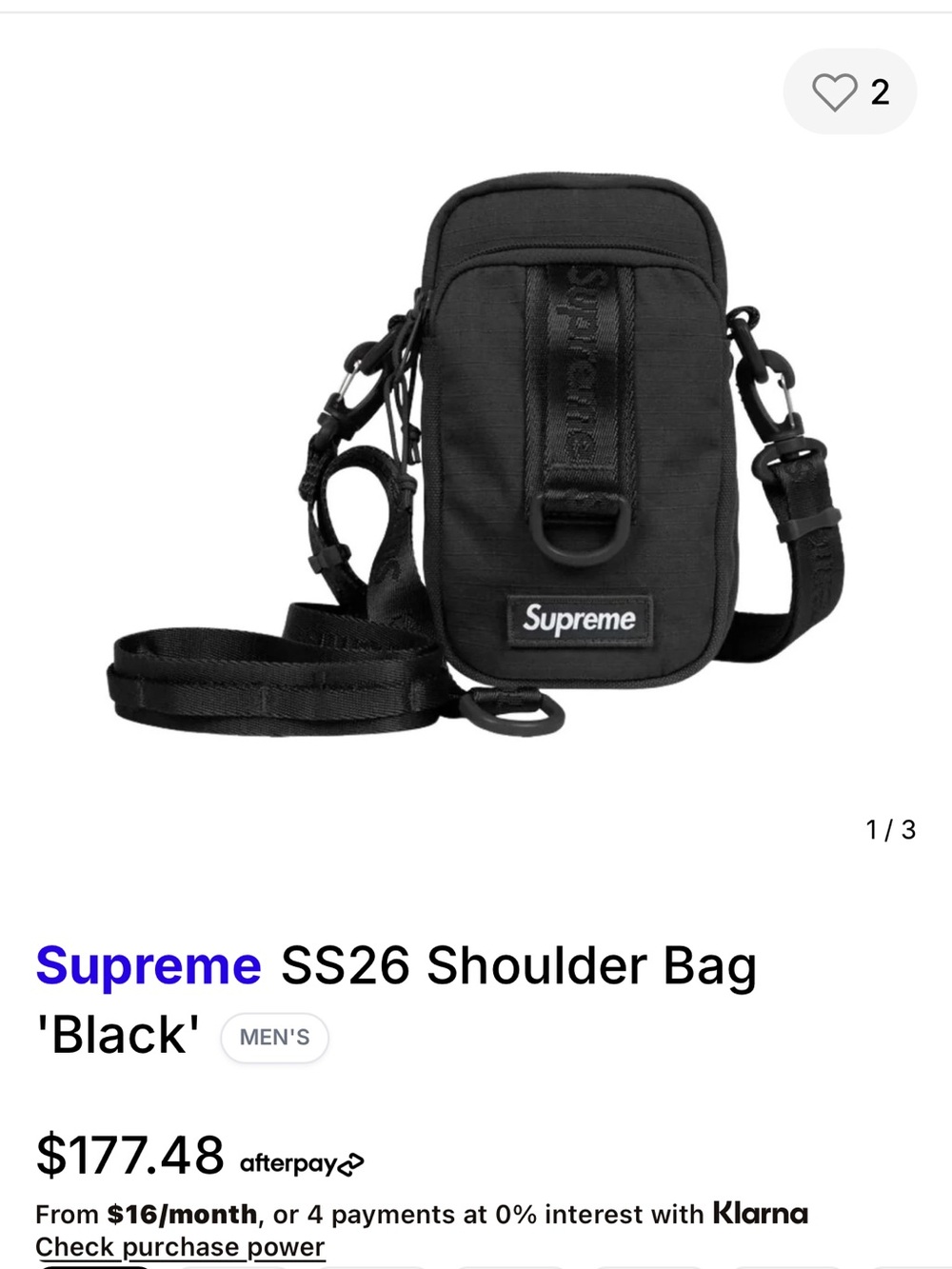 Supreme SS26 Black Shoulder Bag - Compact Crossbody for Men NEW AUTHENTIC!!!!